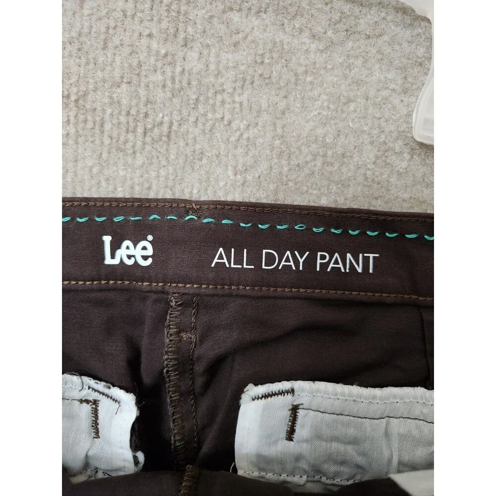 Lee Relaxed Fit Straight Leg All Day Pants Womens 14 Petite Brown Stretch NEW